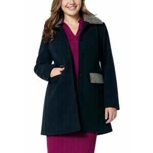 Colleen Lopez Womens Faux Wool Coat Black Bead Detail Removable Collar Size XXS